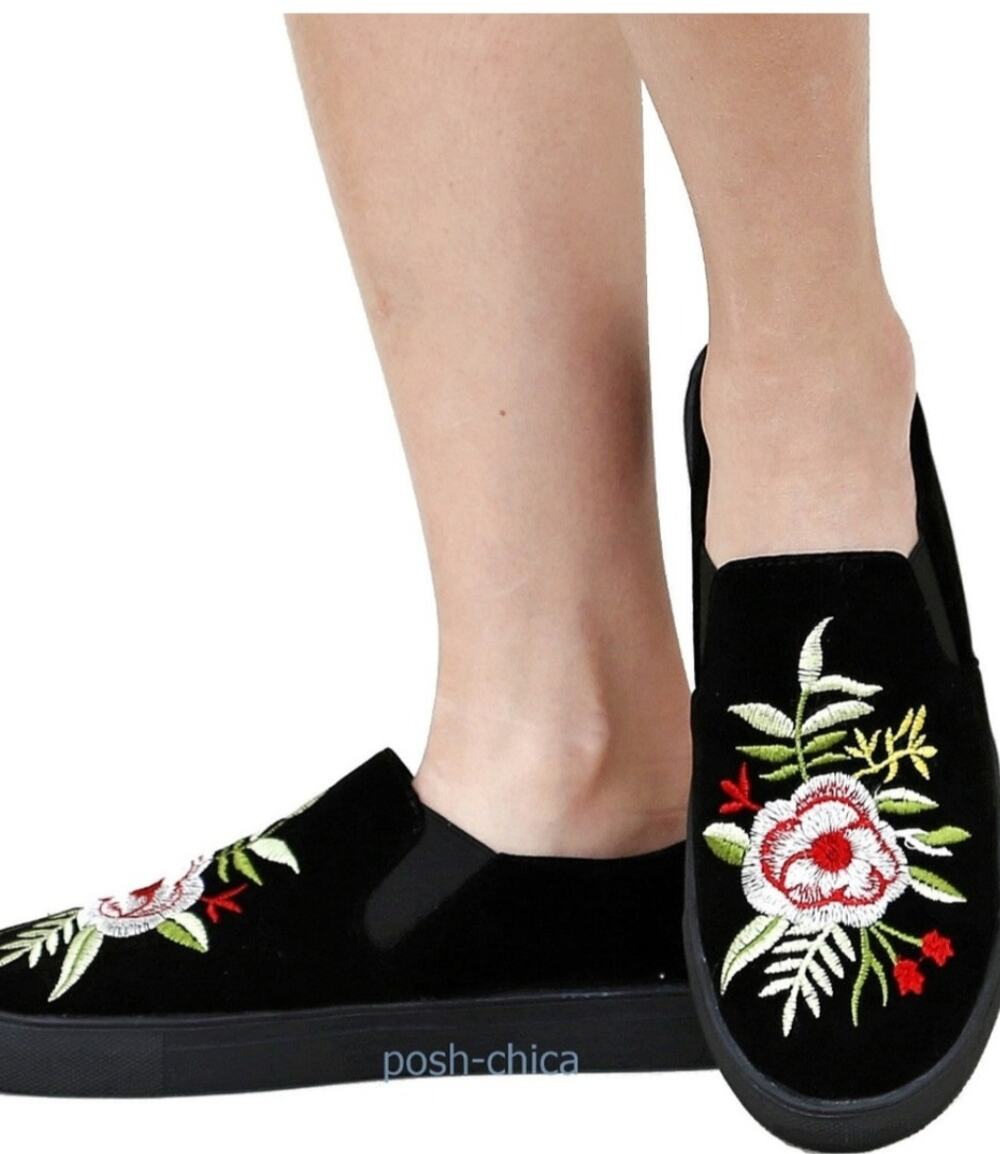6008)Forever Black Faux Suede Floral Embroidery Slip On Shoes US 10